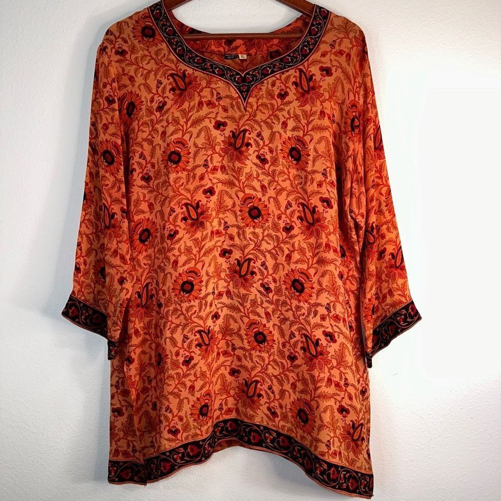 100% Silk Boho Orange Floral Tunic Top Womens XL Beachy Coastal Art‎ To Wear
